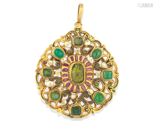 A gem-set enamelled gold circular pendant (tazra) Morocco, 18th/ 19th Century