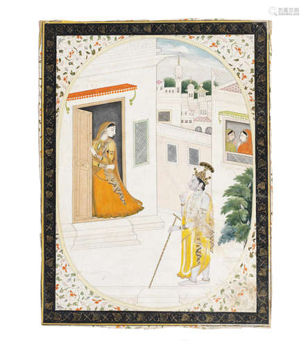 Radha and Krishna exchanging glances by a palace doorway Mandi or Kangra, by a painter of the second generation after Nainsukh, early 19th Century