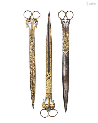 Three pairs of Ottoman gold-damascened steel calligrapher's scissors Turkey, 19th Century (3)