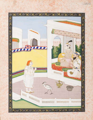 A young Sikh prince seated on a balcony receiving a priest in a palace courtyard, an adviser seated at his side Guler, circa 1820