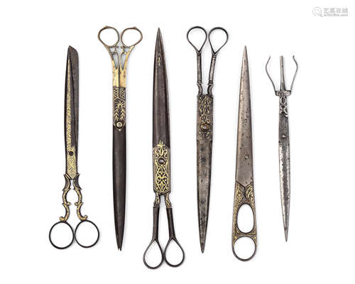 Six pairs of Ottoman gold and silver-damascened steel Calligrapher's scissors Turkey, 19th Century (6)