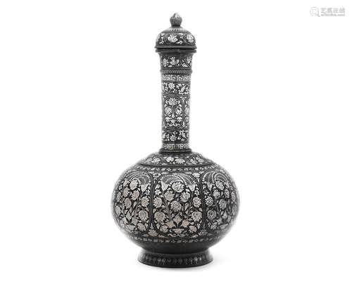 A large silver-inlaid alloy bidri flask (surahi) Deccan, 19th Century