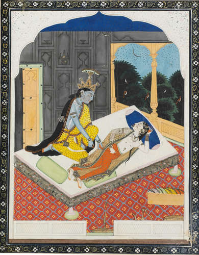 Krishna undressing Radha in a bedchamber in a pavilion Pahari, Kangra, mid-19th Century