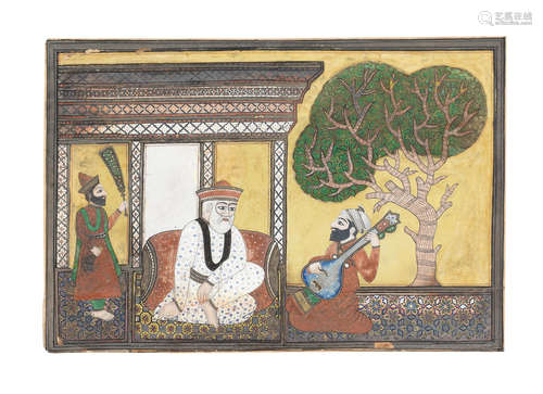 Guru Nanak seated in a pavilion with Bala and Mardana Punjab, late 19th Century