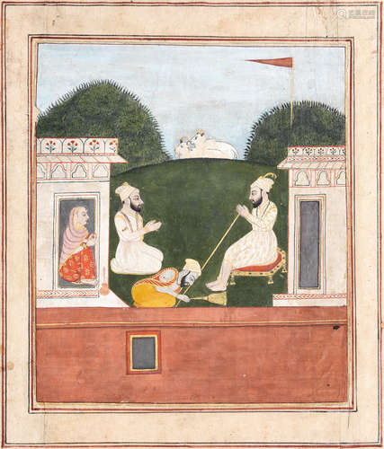 Bhai Bala recites the story of Guru Nanak to devotees and onlookers, an illustration from a Janamsakhi manuscript Provincial Mughal, late 18th Century