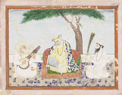 Guru Nanak seated on a terrace with his attendants, Bala and Mardana North India, mid-19th Century