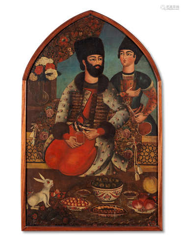 A nobleman drinking wine at a terrace window, a servant standing by Qajar Persia, in a Zand style, mid-19th Century