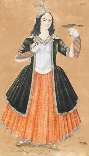 A maiden with a parrot, attributed to Muhammad Isma'il Qajar Persia, dated AH 1269/AD 1852-53