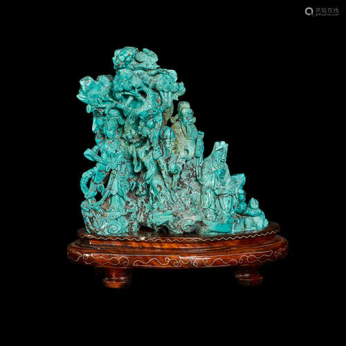 Turquoise Carving of Elders and Guanyin on Removable Wooden Base