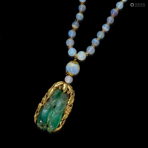 Jade Pendant and Crystal Opal Bead Necklace