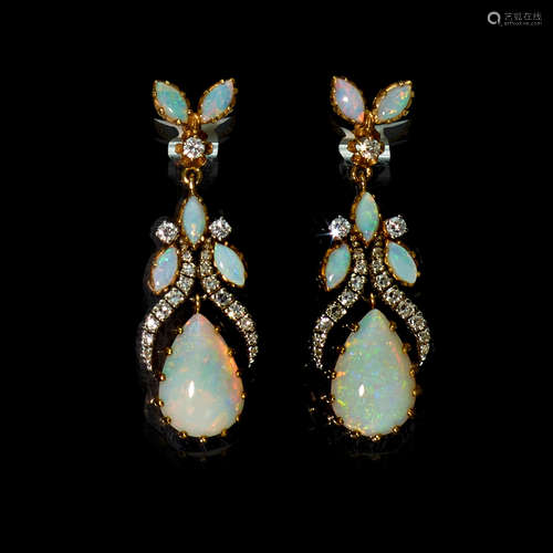 Pair of Opal and Diamond Earrings