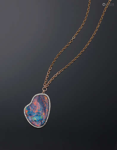 Important Black Picture Opal and Diamond Pendant--