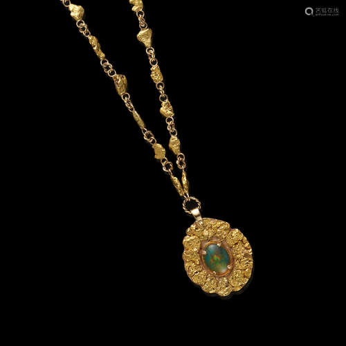 Mexican Jelly Opal and Natural Gold Nugget Pendant on Nugget Chain