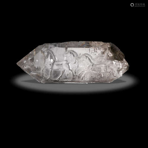 Double-Terminated Quartz Crystal with Archaic Style Carving of Horses