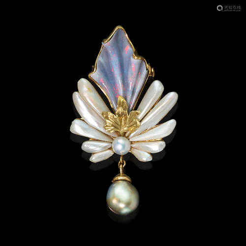 Carved Opal, American Natural Pearl and Black Keshi Pearl Pendant/Brooch by Angela Conty and Nadine Leo