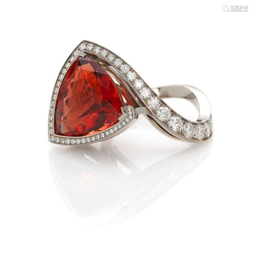 Spectacular Red Andesine and Diamond Ring