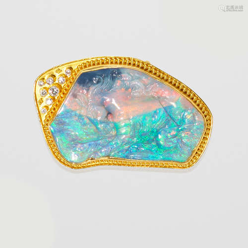 Black Opal Picture Opal, High-Karat Gold and Diamond Pendant/Brooch--