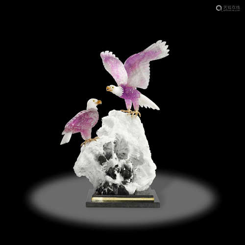 Bald Eagle Couple Amethyst/ White Quartz on Albite with Tourmaline Base by Peter Muller