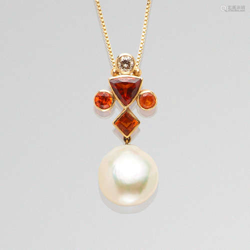 Spessartite Garnet, Diamond and Pearl Pendant by Nadine Leo