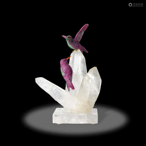 Ruby-in-Zoisite Hummingbirds on Quartz Base by Peter Muller