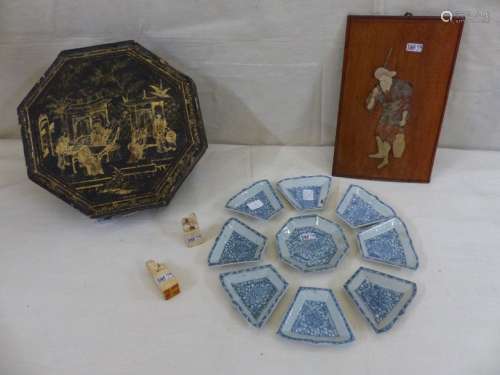 Chinese lacquer box (*) and Chinese porcelain dish…
