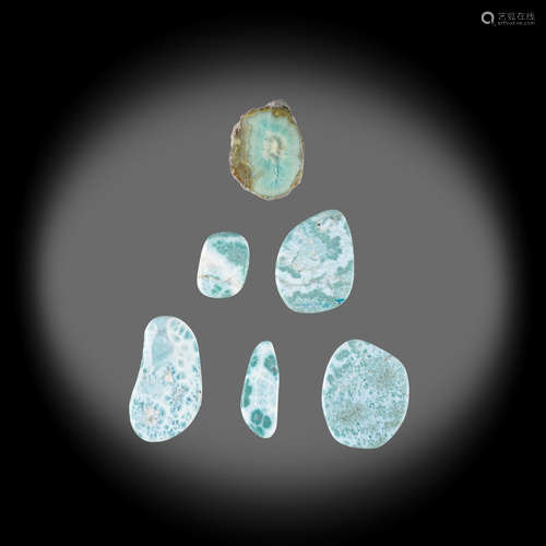 Larimar: Five Polished Slabs and One Specimen