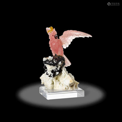 Rose Quartz Cockatoo on Black Tourmaline Base by Peter Muller