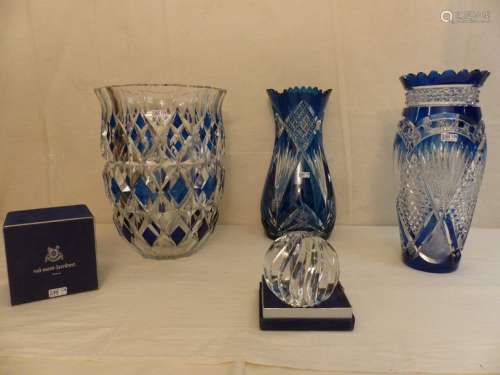 3 large coloured crystal vases and a paperweight i…