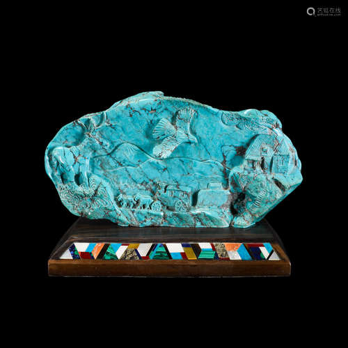 Rare and Impressive Double-sided Turquoise Carving on Intarsia Inlaid Wooden Base--