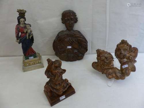4 wooden sculptures with religious subjects. Perio…