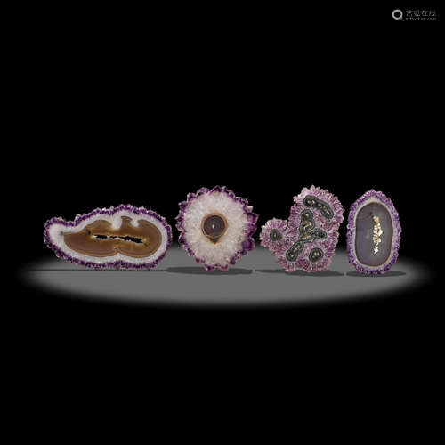 Four Large Amethyst Stalactite Cross-Section Slices