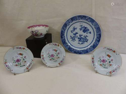 A blue round dish, a bowl and three small porcelai…