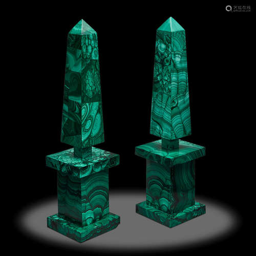 Pair of Malachite Intarsia Obelisks