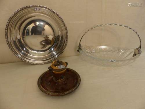 An inkwell, a basket and a round dish in silver, w…