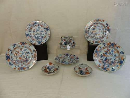 Suite of five plates, two cups and their saucers a…