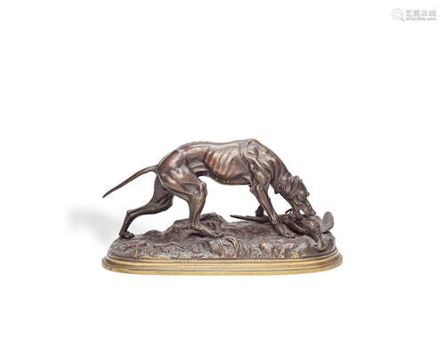 Jules Moigniez (French, 1835-1894): A patinated bronze model of a dog with a pheasant