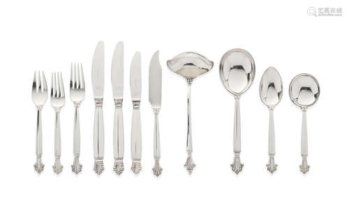 GEORG JENSEN: an Acanthus pattern silver flatware service with London import marks for 1953 - 1960