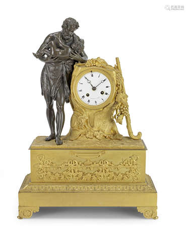 An early 19th century gilt bronze figural mantel clock the dial signed Le Paute à Paris