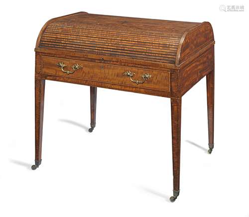 A late George III satinwood and tulipwood banded cylinder writing desk