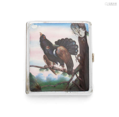 A silver-plated and enamel cigarette case unmarked