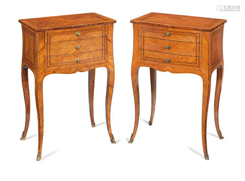 A pair of French late 19th/early 20th century tulipwood and purplewood banded petit commodes