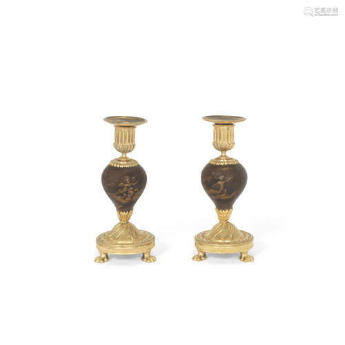 A pair of Louis XVI gilt bronze mounted Vernis Martin dwarf candlesticks