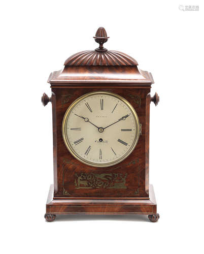 A William IV brass-inlaid mahogany mantel timepiece the dial signed Leeson, Coleshill