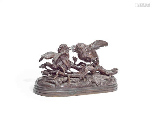 Jules Moigniez (French, 1835-1894): A patinated bronze of two song birds