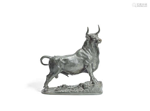 After Christophe Fratin (French, 1800 -1864): A late 19th century French green patinated bronze model of a bull