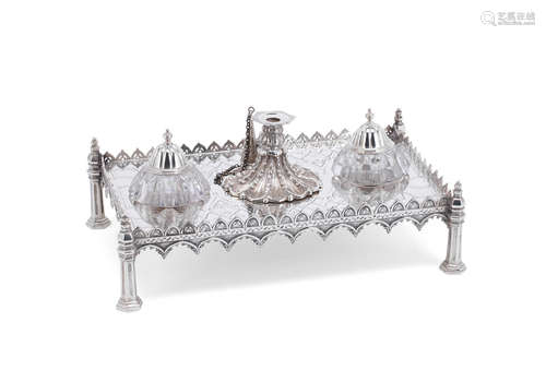 A Victorian Gothic style silver inkstand Joseph Angell I & Joseph Angell II, London 1843