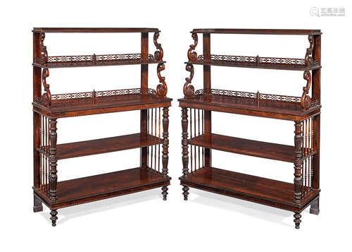 A pair of early Victorian rosewood five-tier open display buffets in the manner of Gillows