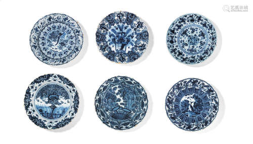 A collection of six 18th century Dutch Delft large plates or chargers