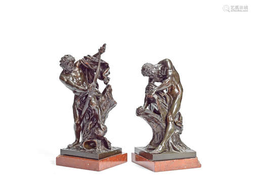 After Edme Dumont (French, 1722-1775) and Jacques Bousseau (French, 1681 - 1740): A pair of late 19th century patinated bronze figures of Milo of Croton and Ulysses