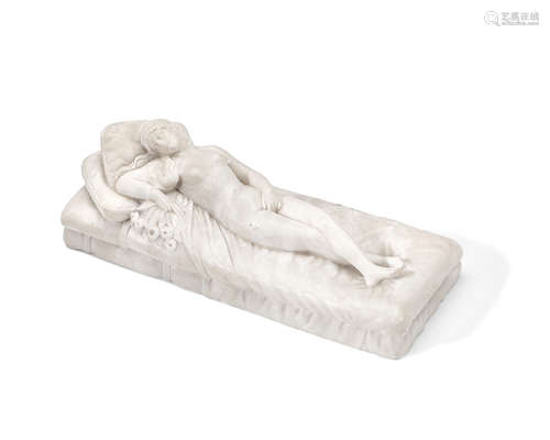 A 19th century Italian Grand Tour carved alabaster model of a reclining maiden possibly modelled after Titian's Venus of Urbino